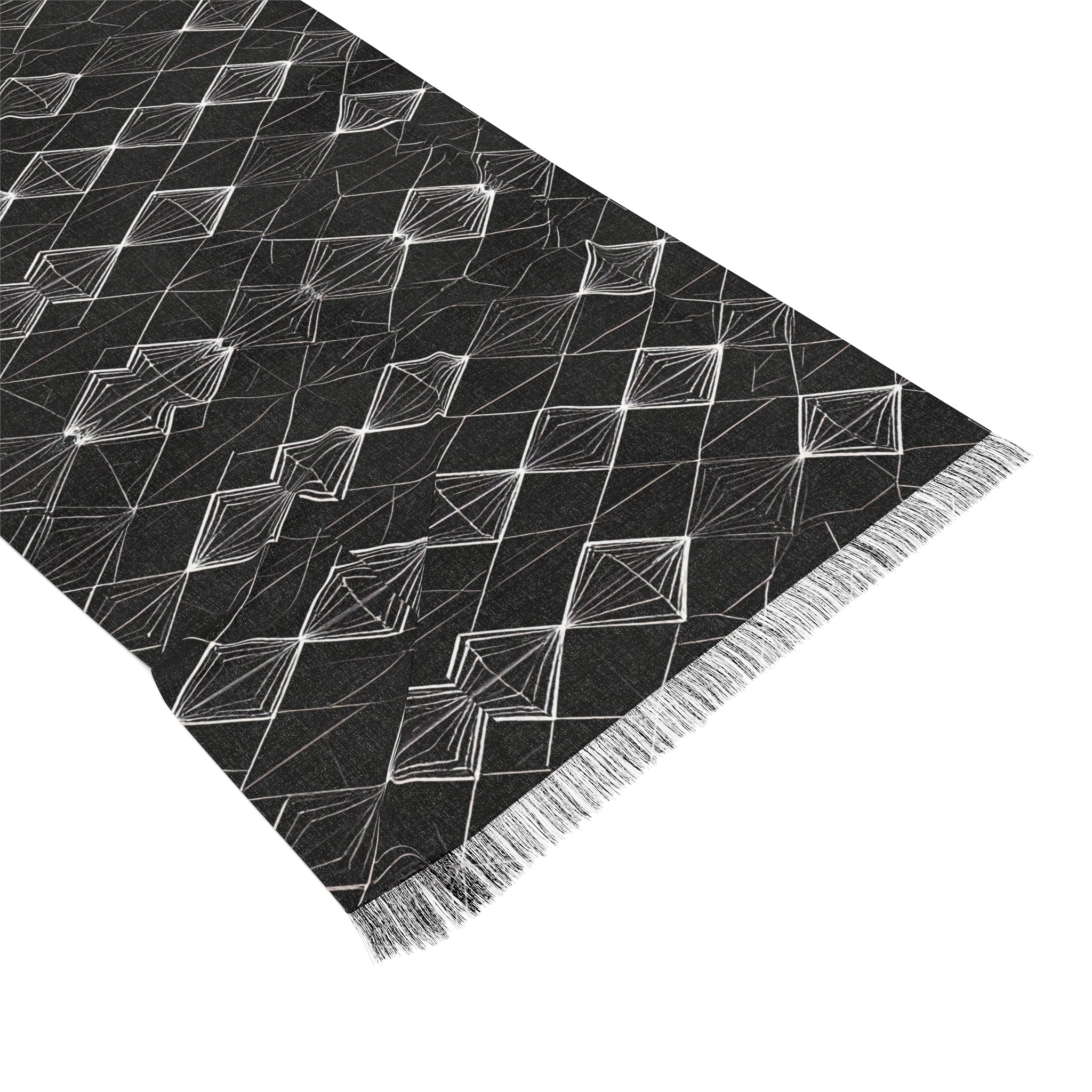 Geometric Diamond Light Scarf — Black Knit Fringe Wrap
