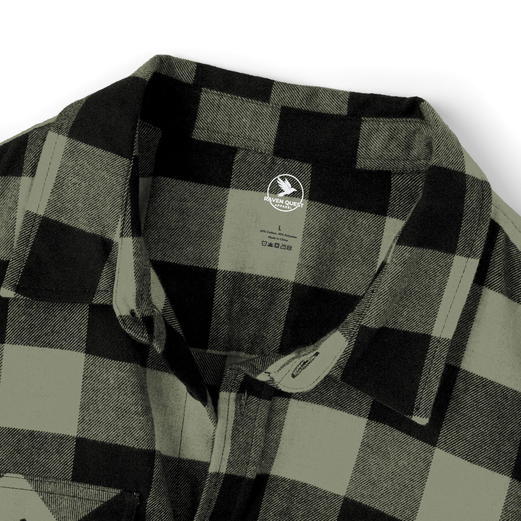 Olive and Black Plaid Flannel Shirt| Raven Quest