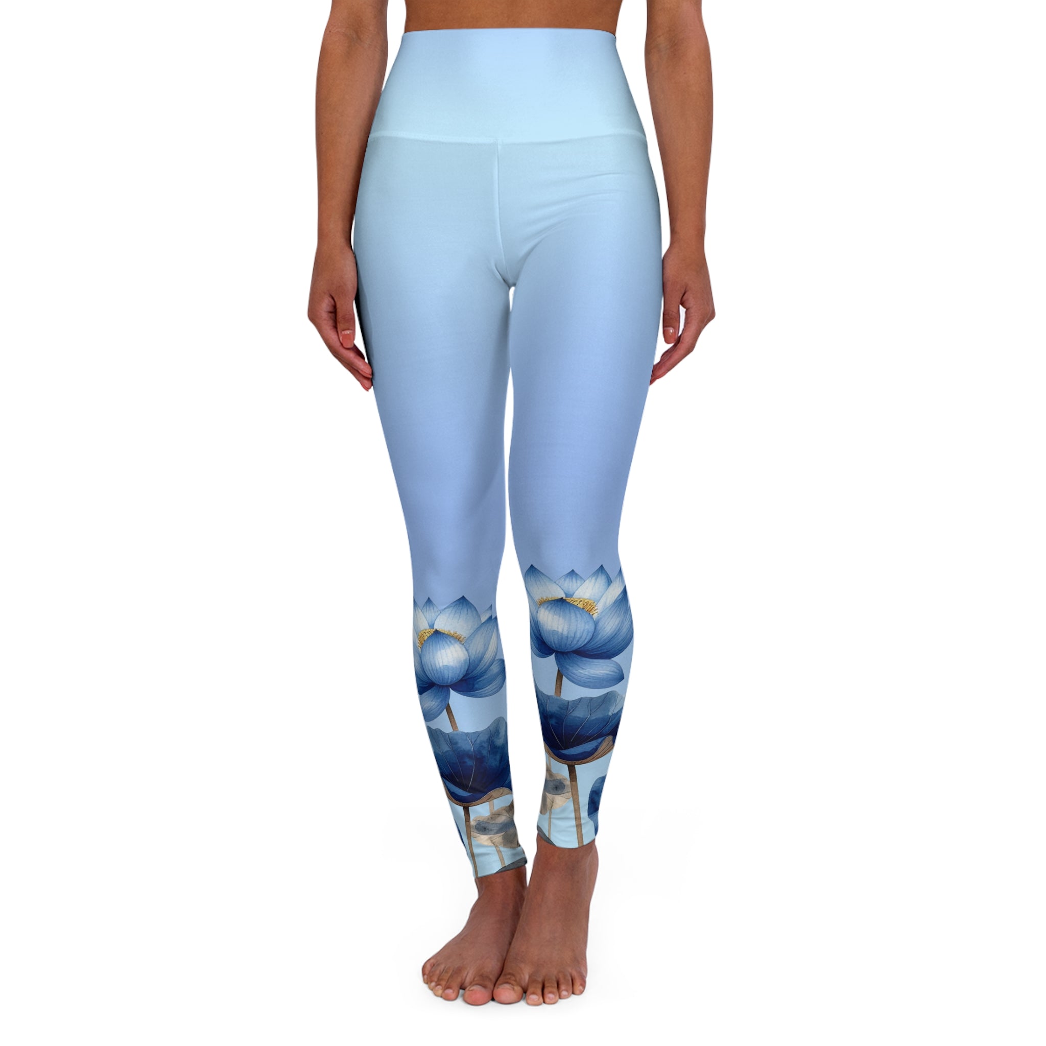 Yoga Leggings — Sky Blue Watercolor Lotus High-Waist Activewear