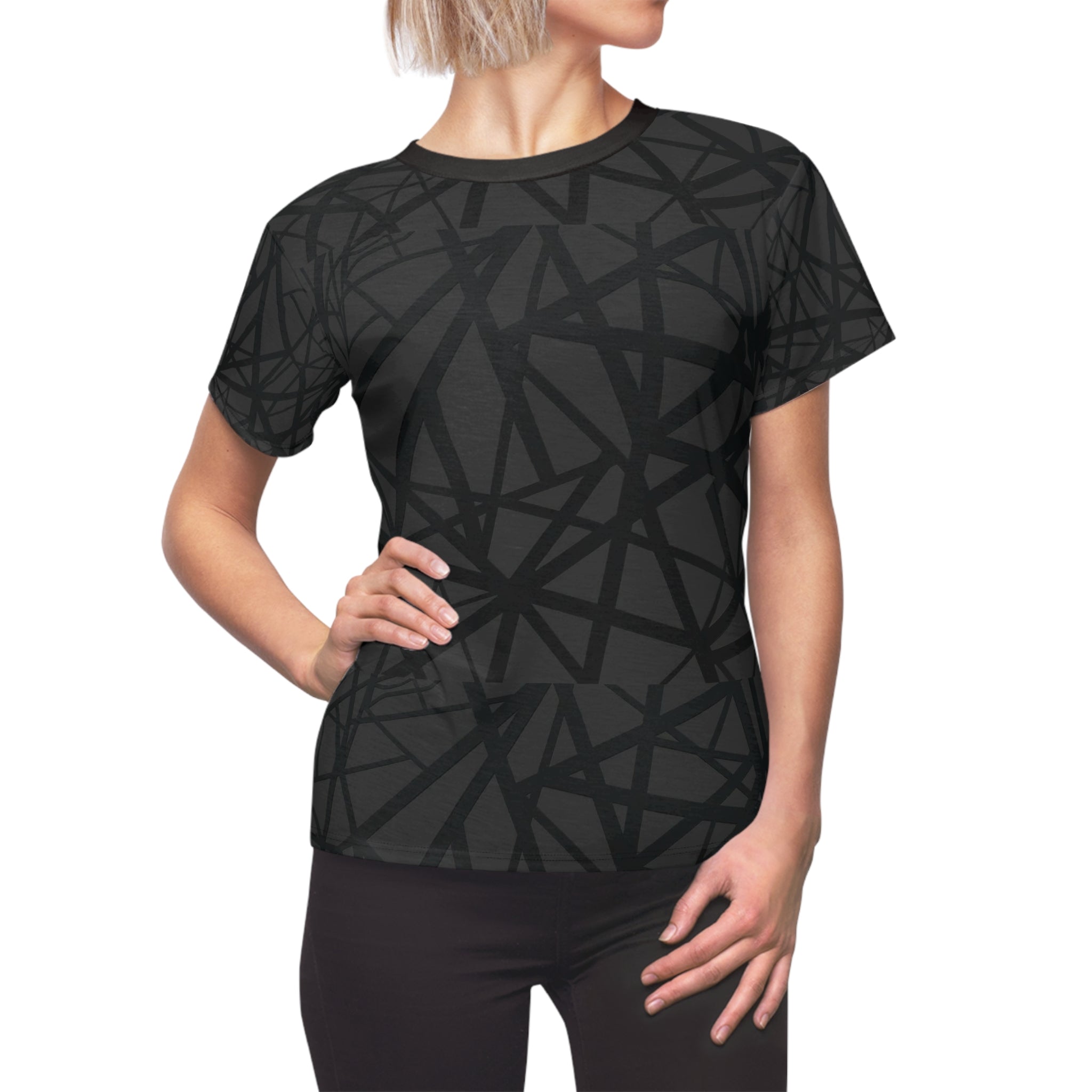 Women's Abstract Black Line Pattern Tee — All-Over Print Fashion Top