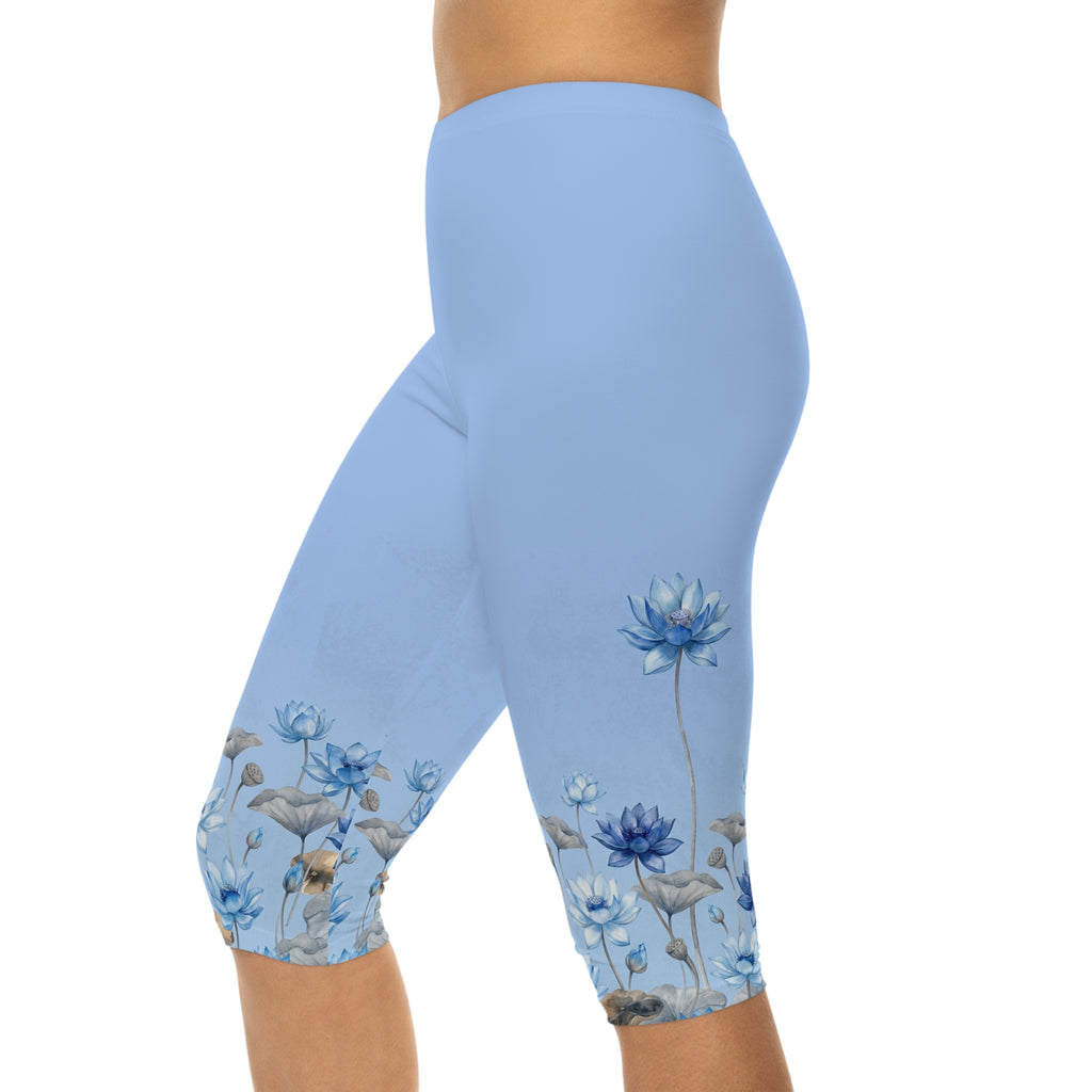 Blue Lotus Capri Leggings — Floral Yoga & Activewear for Women