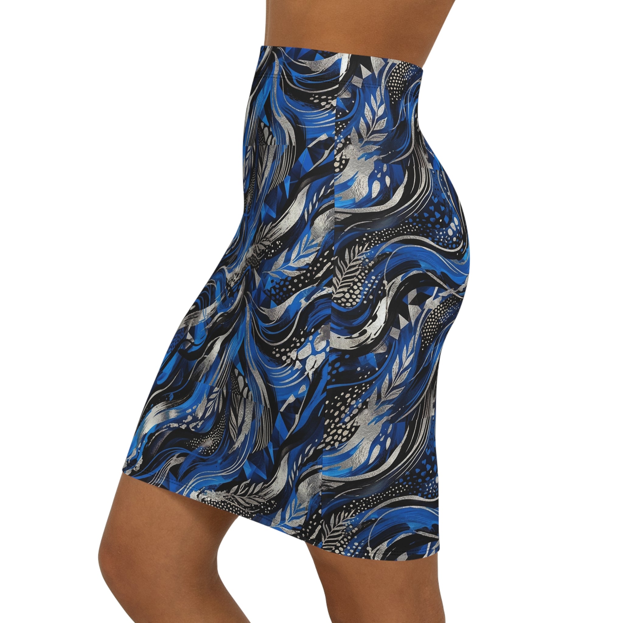 Blue Abstract Wave Pencil Skirt — Mid‑Waist Printed Women's Skirt - Raven Quest Apparel