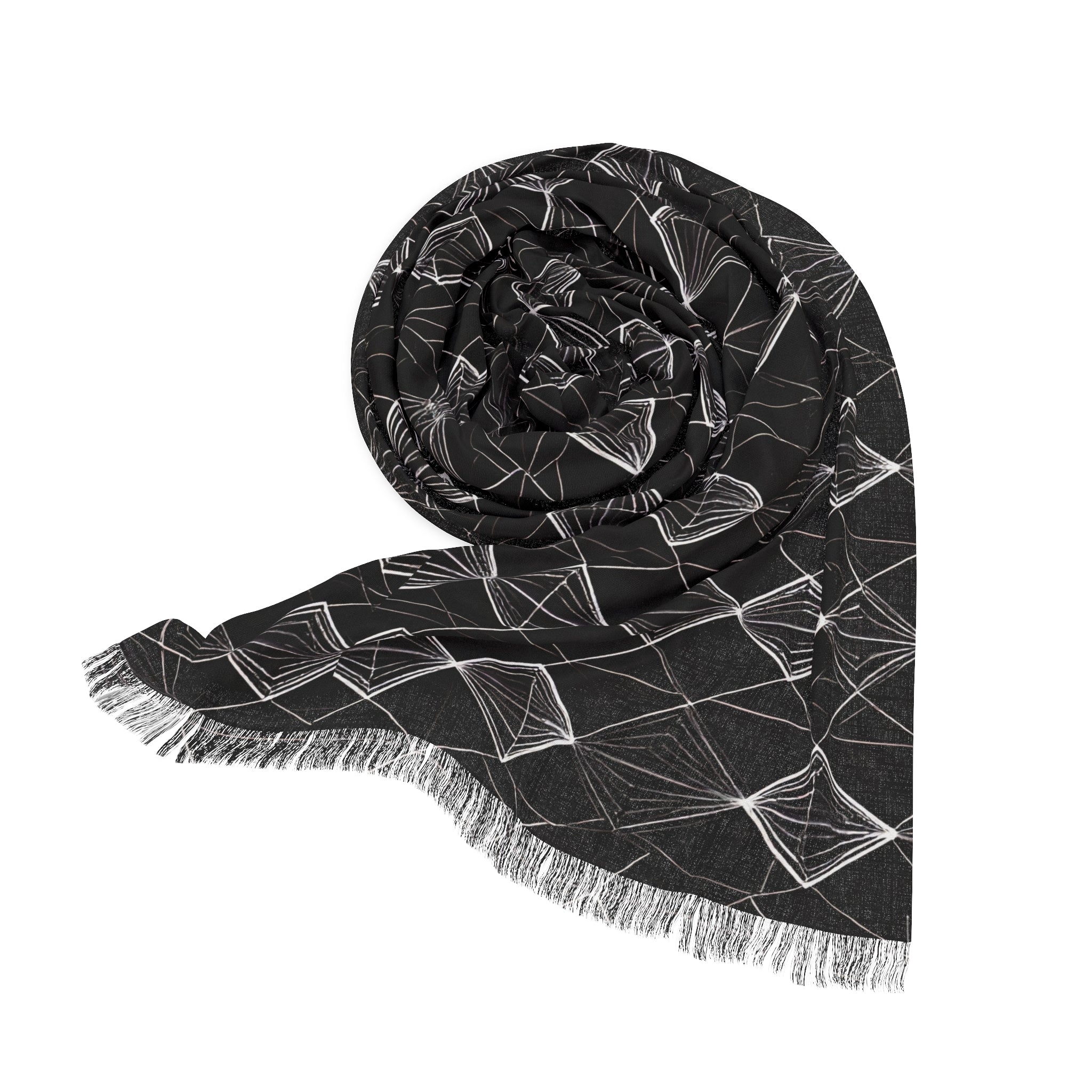 Geometric Diamond Light Scarf — Black Knit Fringe Wrap