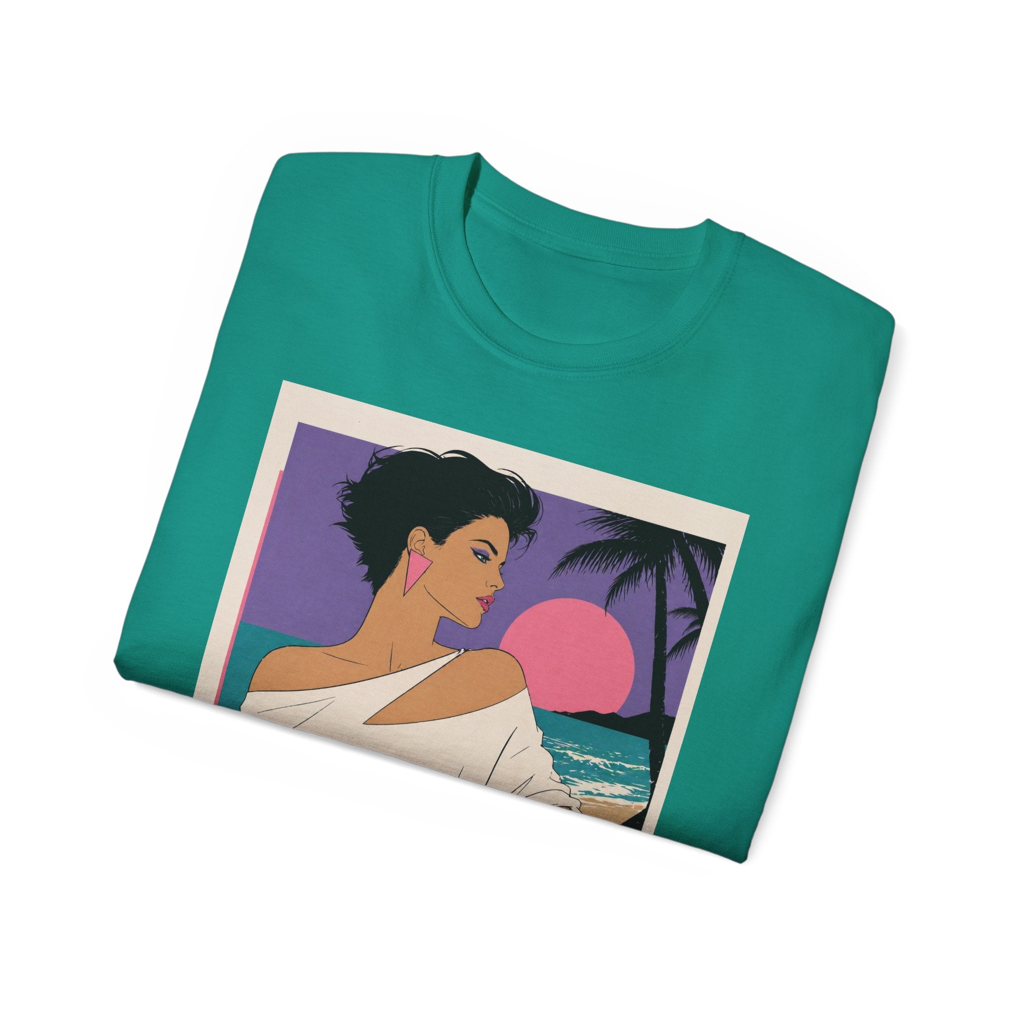 Retro Sunset Beach Tee — 80s Miami Woman Graphic T-Shirt