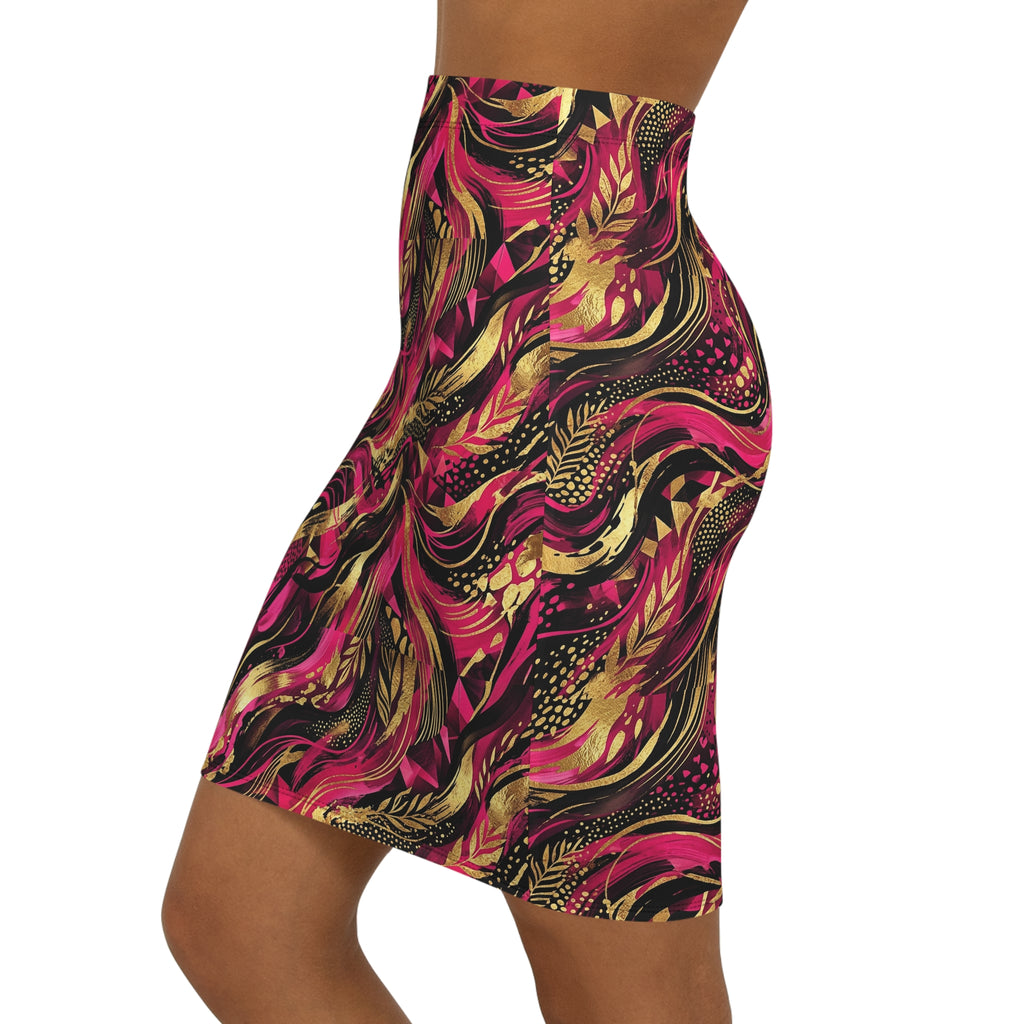 Abstract Pink & Gold Swirl Pencil Skirt — Vibrant Artistic | Raven Quest Apparel