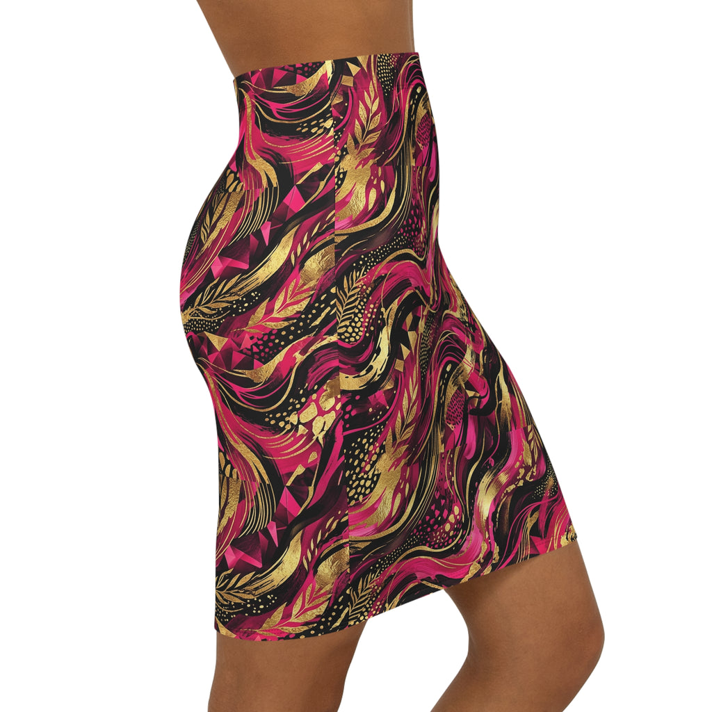 Abstract Pink & Gold Swirl Pencil Skirt — Vibrant Artistic | Raven Quest Apparel