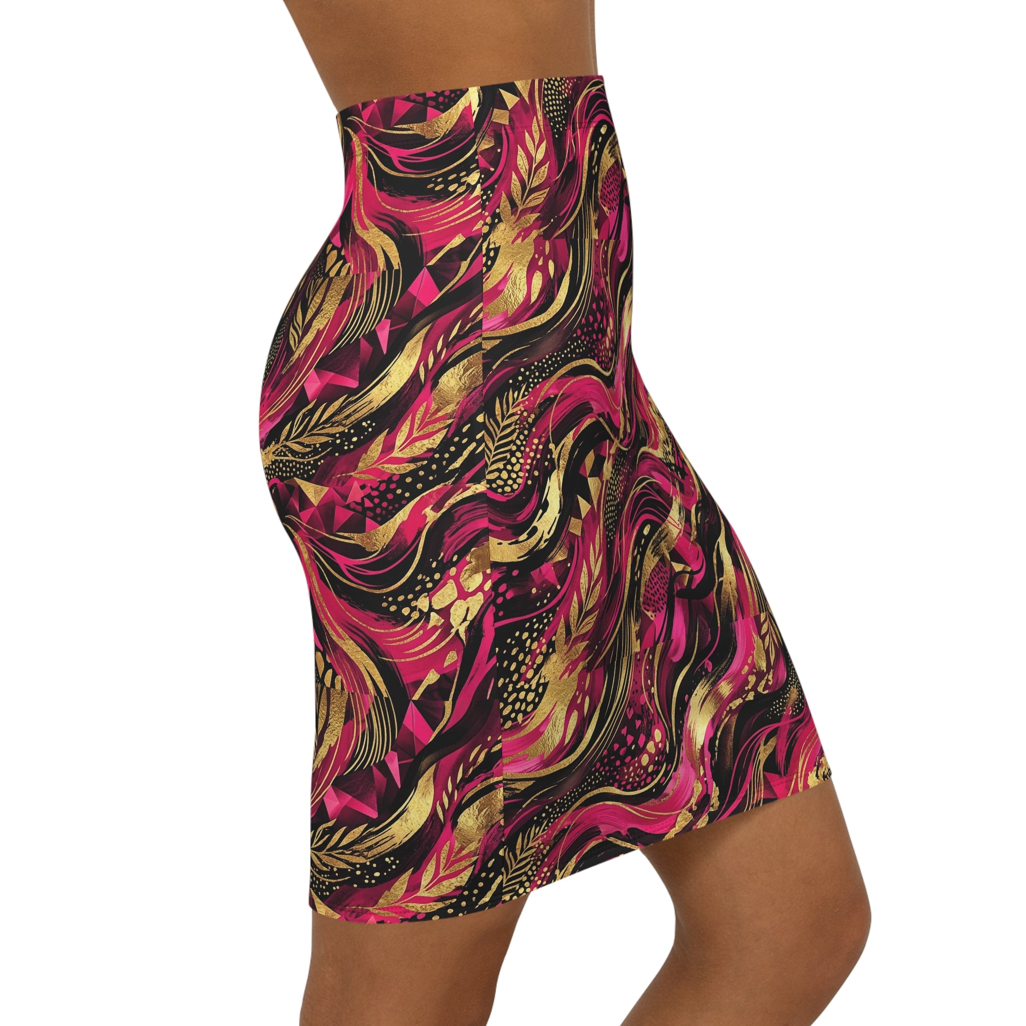 Abstract Pink & Gold Swirl Pencil Skirt — Vibrant Artistic | Raven Quest Apparel