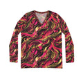Women's V-Neck Long Sleeve Shirt — Bold Pink & Gold Abstract Floral All-Over Print - Raven Quest Apparel
