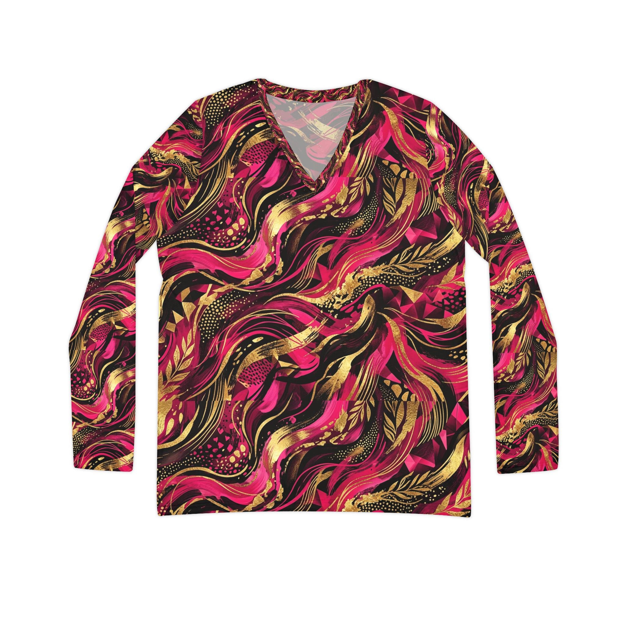 Women's V-Neck Long Sleeve Shirt — Bold Pink & Gold Abstract Floral All-Over Print - Raven Quest Apparel