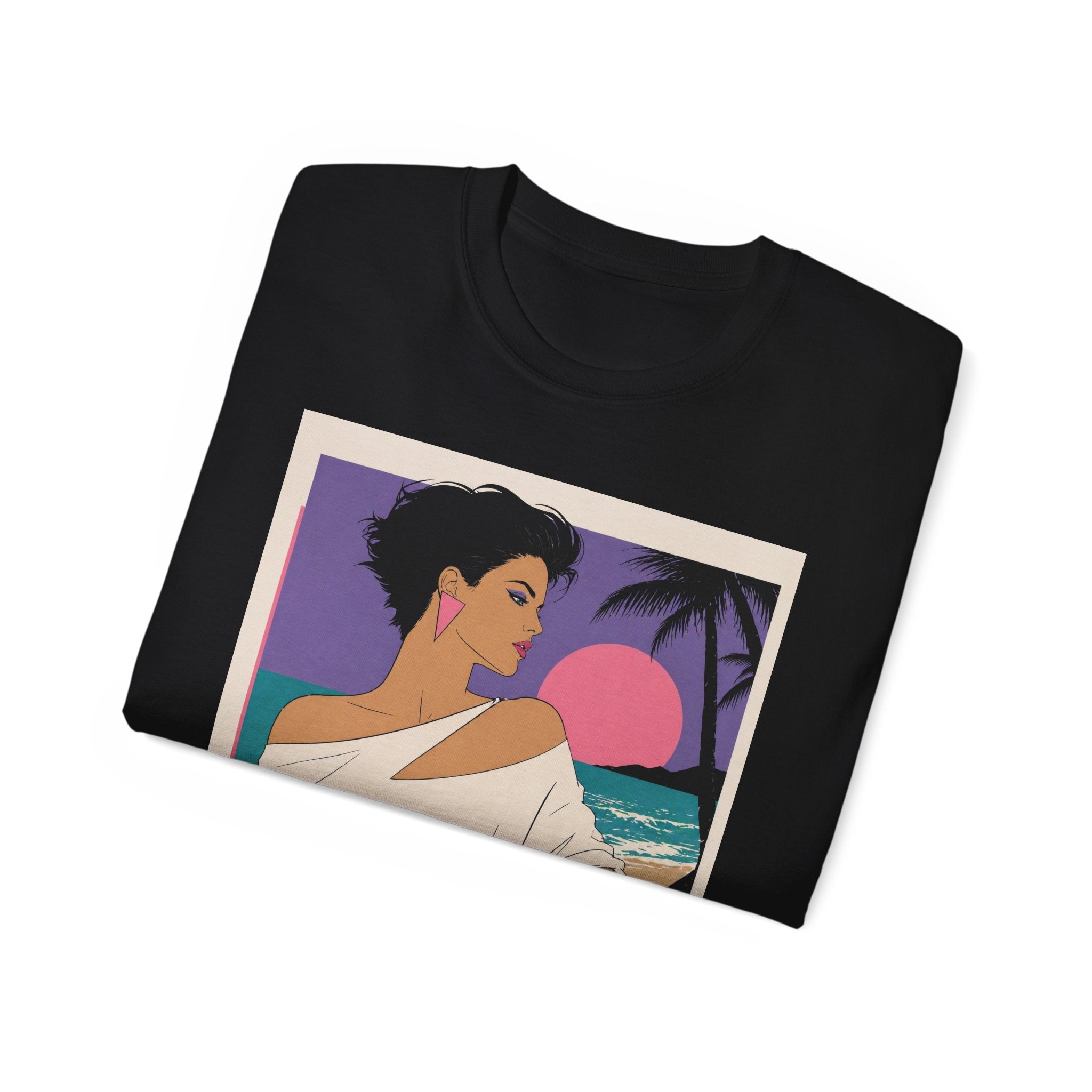 Retro Sunset Beach Tee — 80s Miami Woman Graphic T-Shirt