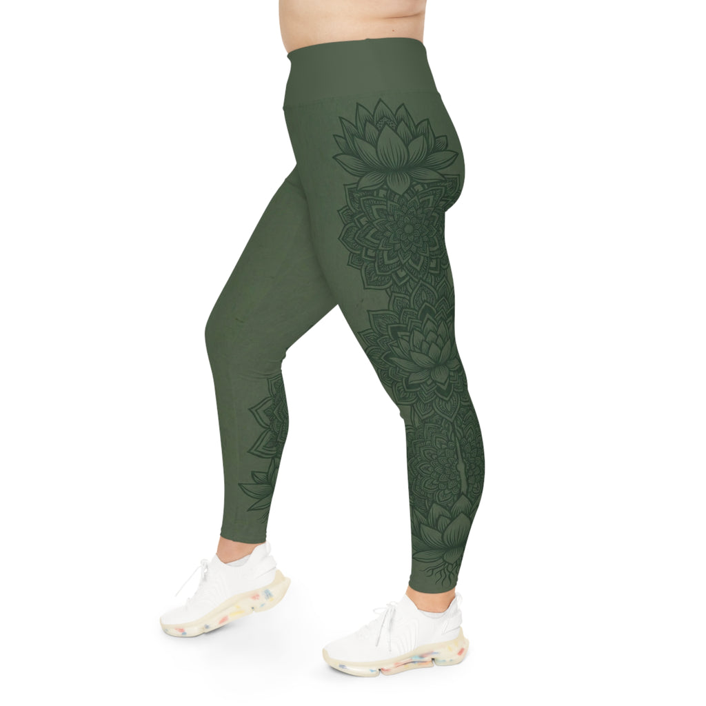 Plus Size Zen Mossy Green Mandala Leggings | Raven Quest Apparel