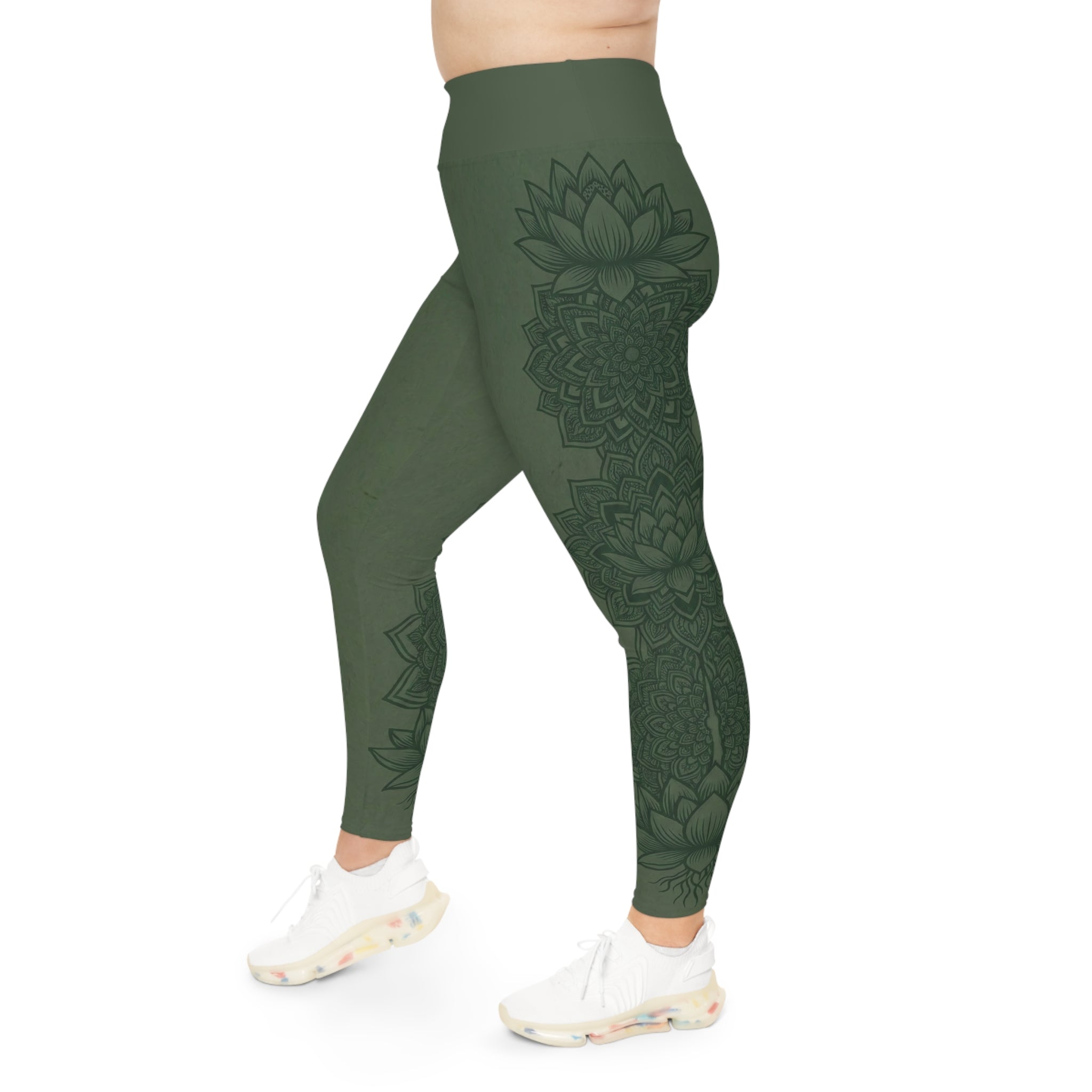 Plus Size Zen Mossy Green Mandala Leggings | Raven Quest Apparel
