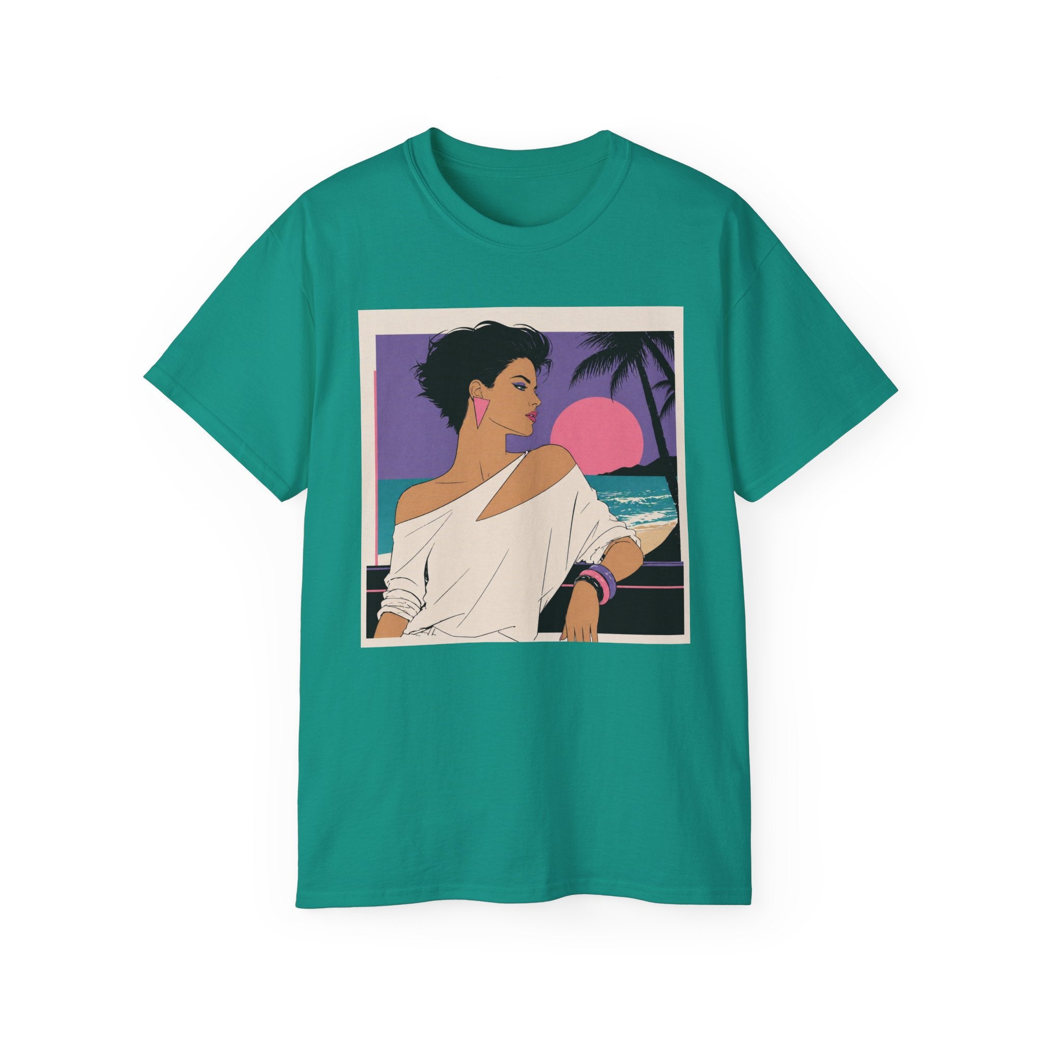 Retro Sunset Beach Tee — 80s Miami Woman Graphic T-Shirt