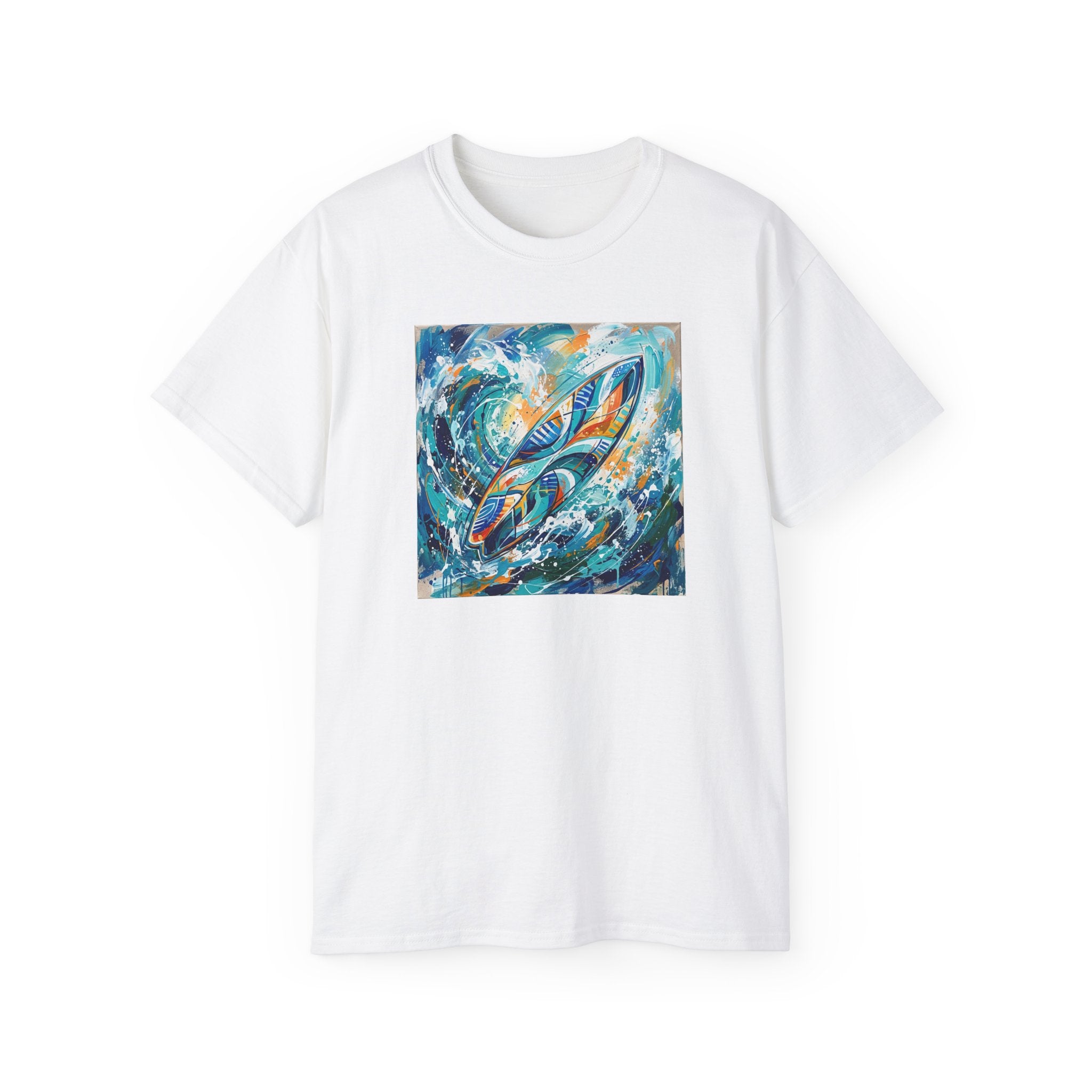 Surfboard Wave Art T-Shirt — Abstract Ocean Surfing Graphic Tee