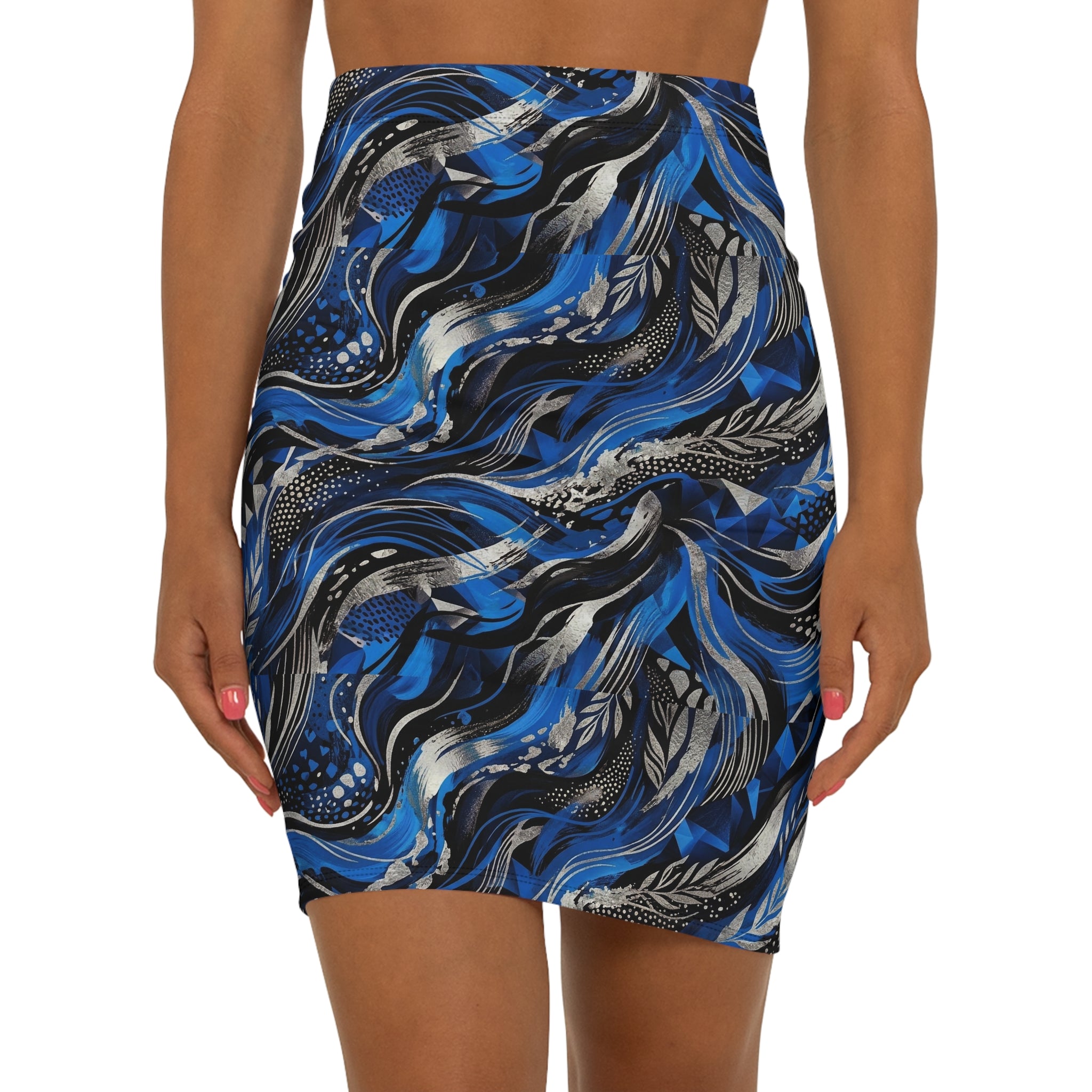 Blue Abstract Wave Pencil Skirt — Mid‑Waist Printed Women's Skirt - Raven Quest Apparel