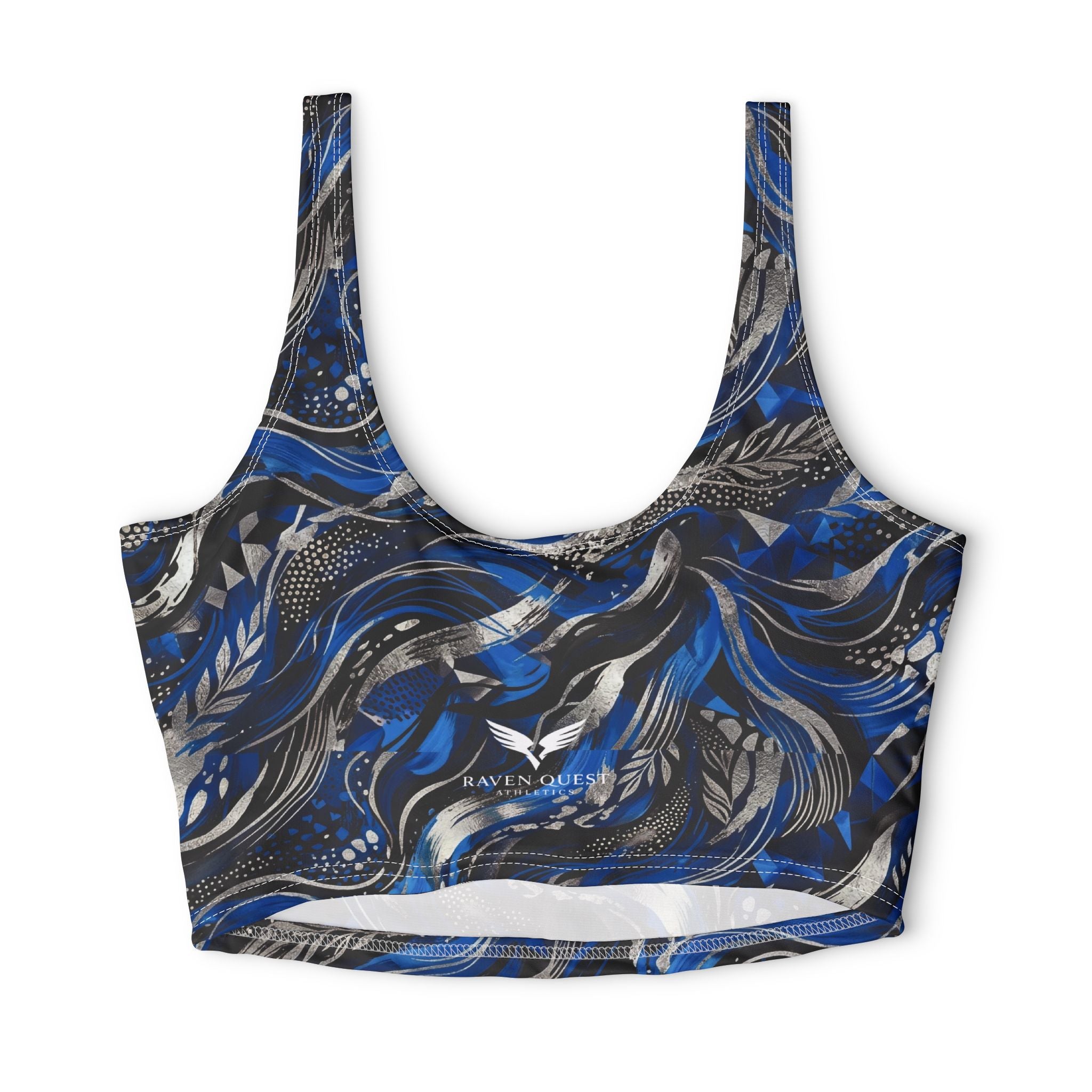Blue Abstract Wave Sports Bra — Women's Athletic Crop Top