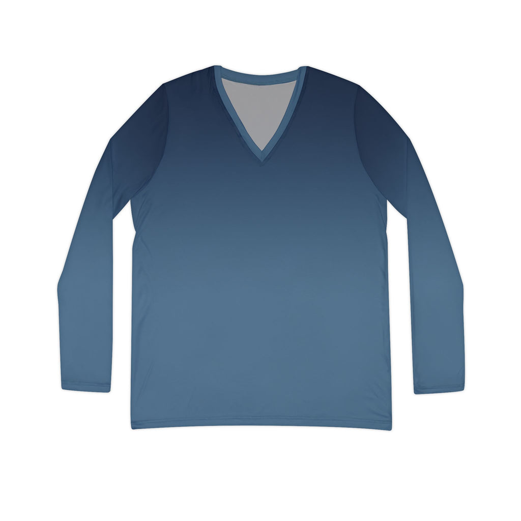 Women's V-Neck Long Sleeve Shirt - Gradient Blue All-Over Print