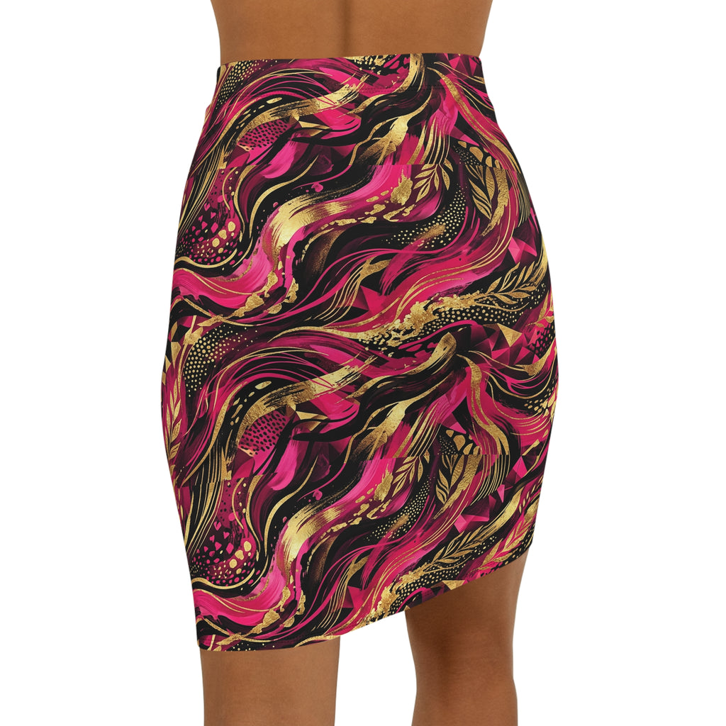 Abstract Pink & Gold Swirl Pencil Skirt — Vibrant Artistic | Raven Quest Apparel