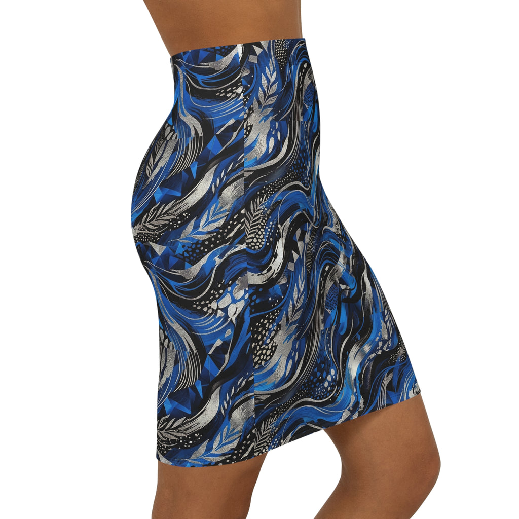 Blue Abstract Wave Pencil Skirt — Mid‑Waist Printed Women's Skirt - Raven Quest Apparel