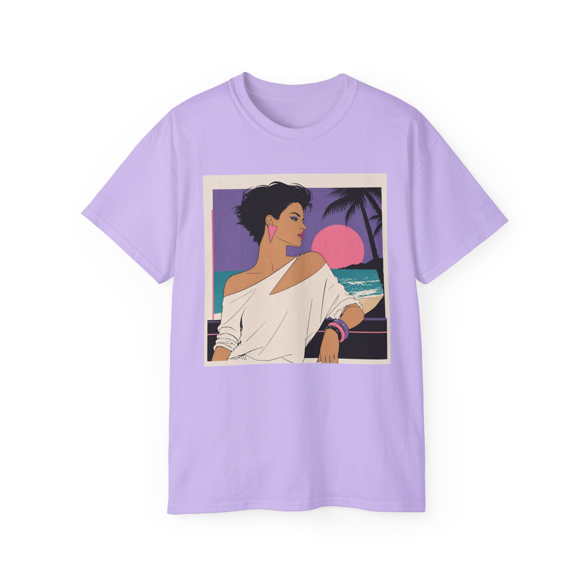 Retro Sunset Beach Tee — 80s Miami Woman Graphic T-Shirt