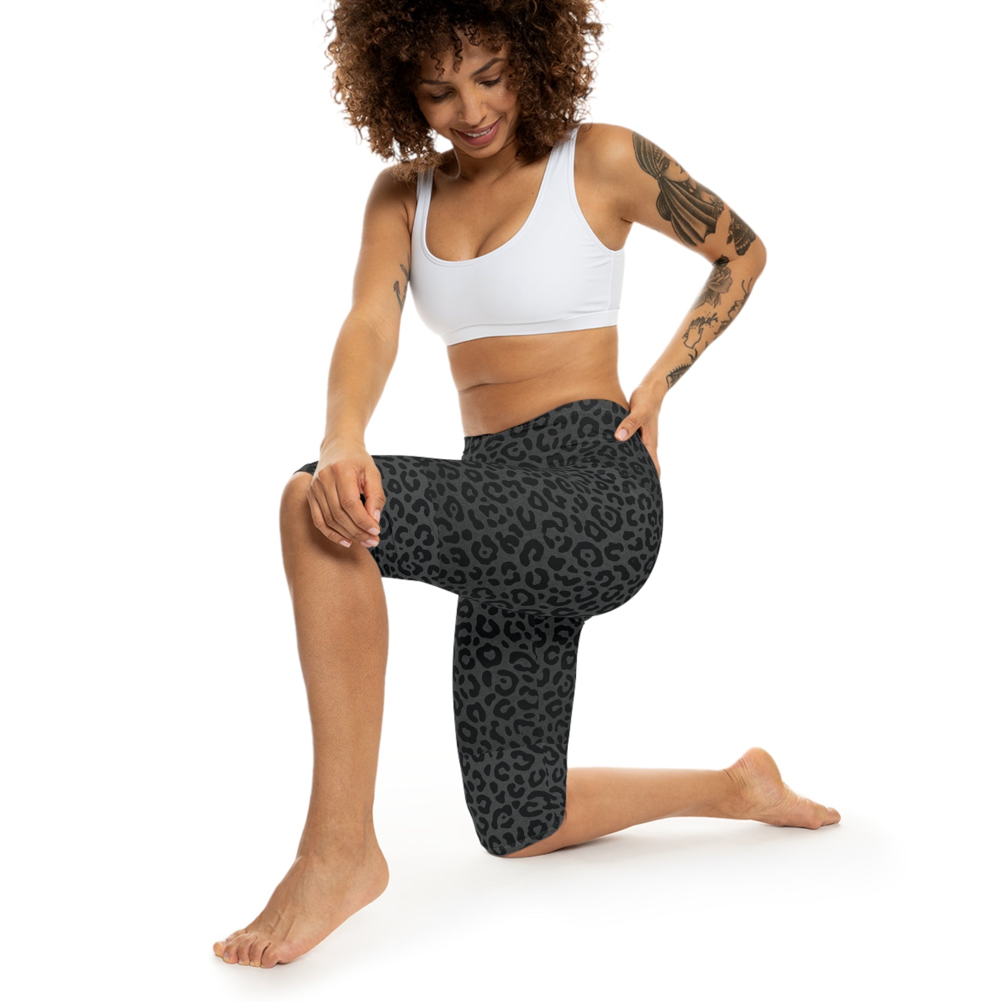 Leopard Print Capri Leggings — Women’s Black Grey Animal-Print Activewear - Raven Quest Apparel