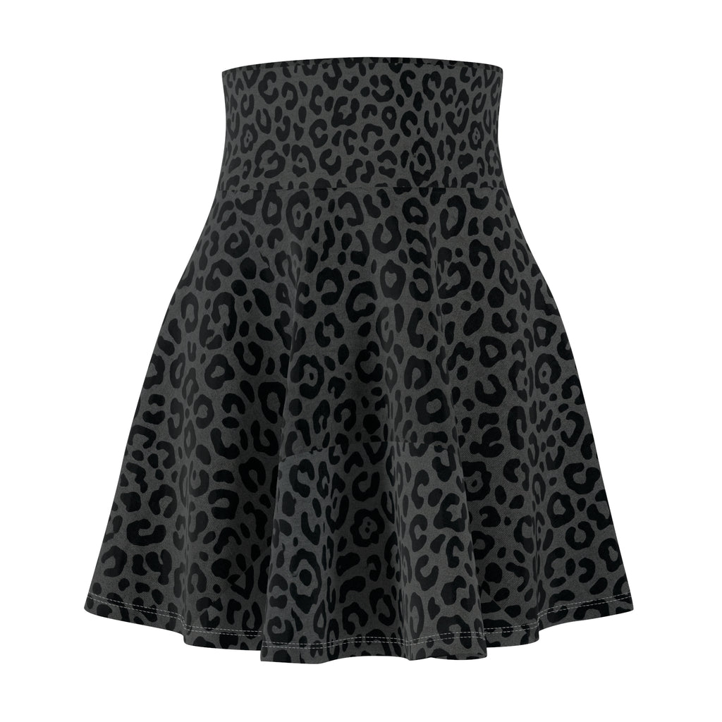 Black Grey Leopard Print Skater Skirt — Women's AOP Animal Pattern Flared Mini - Raven Quest Apparel