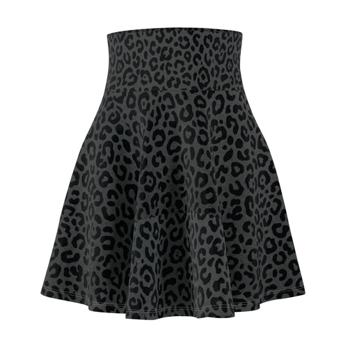 Black Grey Leopard Print Skater Skirt — Women's AOP Animal Pattern Flared Mini - Raven Quest Apparel