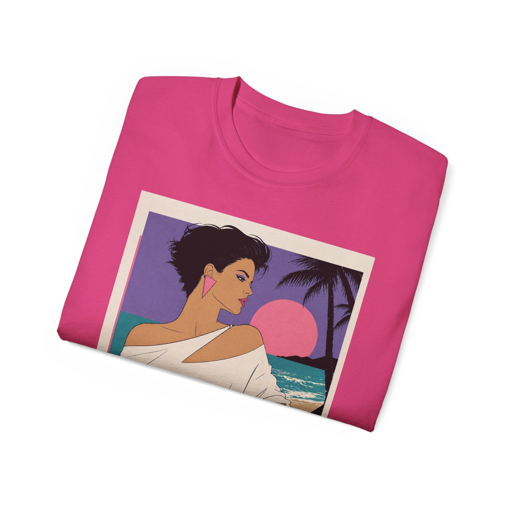 Retro Sunset Beach Tee — 80s Miami Woman Graphic T-Shirt