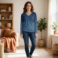 Women's V-Neck Long Sleeve Shirt - Gradient Blue All-Over Print