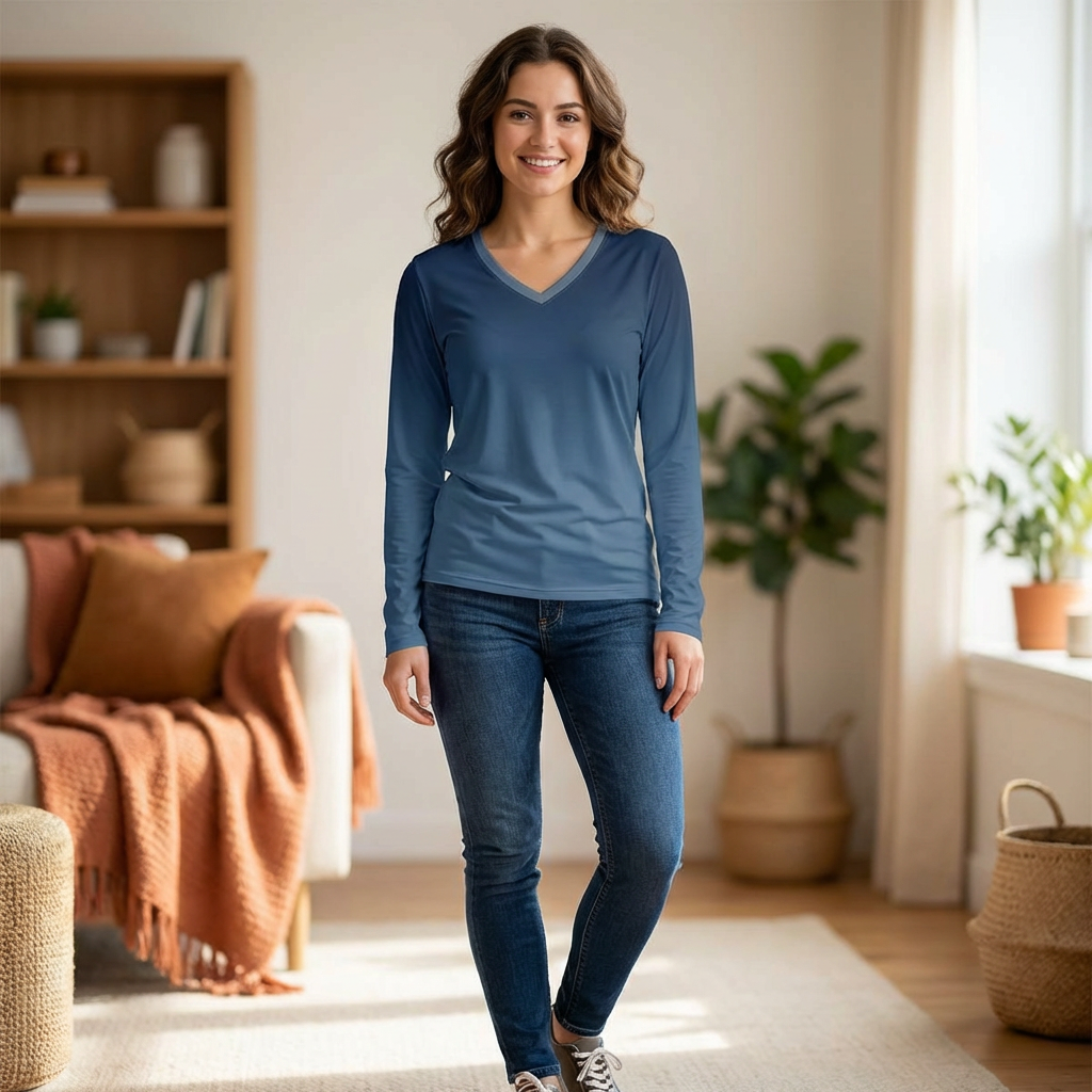 Women's V-Neck Long Sleeve Shirt - Gradient Blue All-Over Print