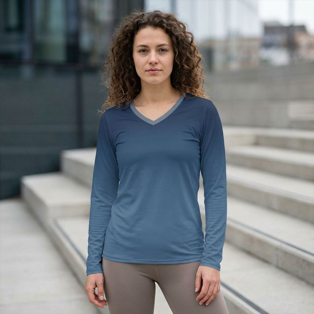 Women's V-Neck Long Sleeve Shirt - Gradient Blue All-Over Print