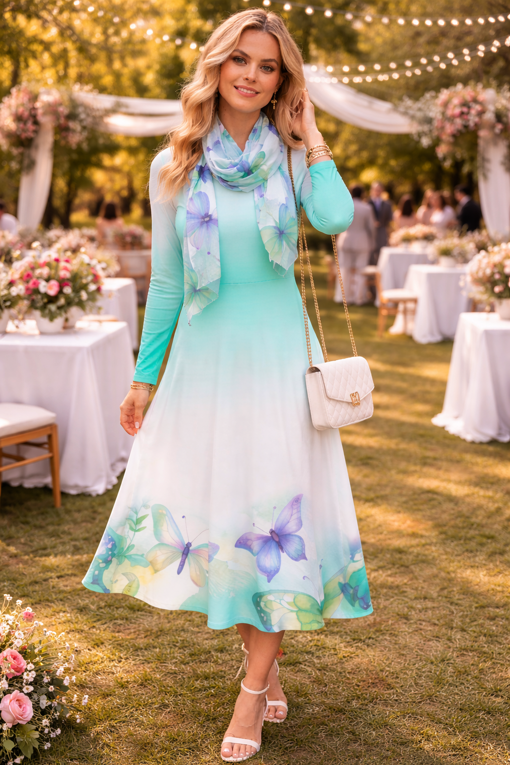 Butterfly Garden Long Sleeve Dance Dress — Pastel Aqua Gradient AOP - Raven Quest Apparel
