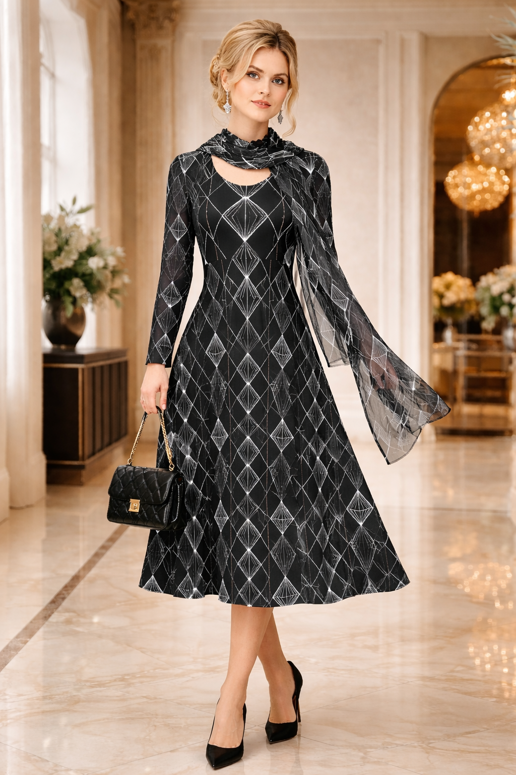 Black Geometric Long-Sleeve Dance Dress — Elegant Diamond Pattern AOP - Raven Quest Apparel