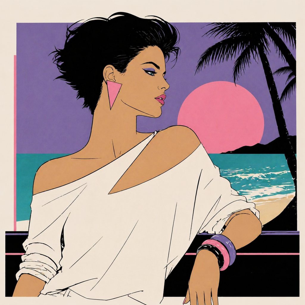 Retro Sunset Beach Tee — 80s Miami Woman Graphic T-Shirt