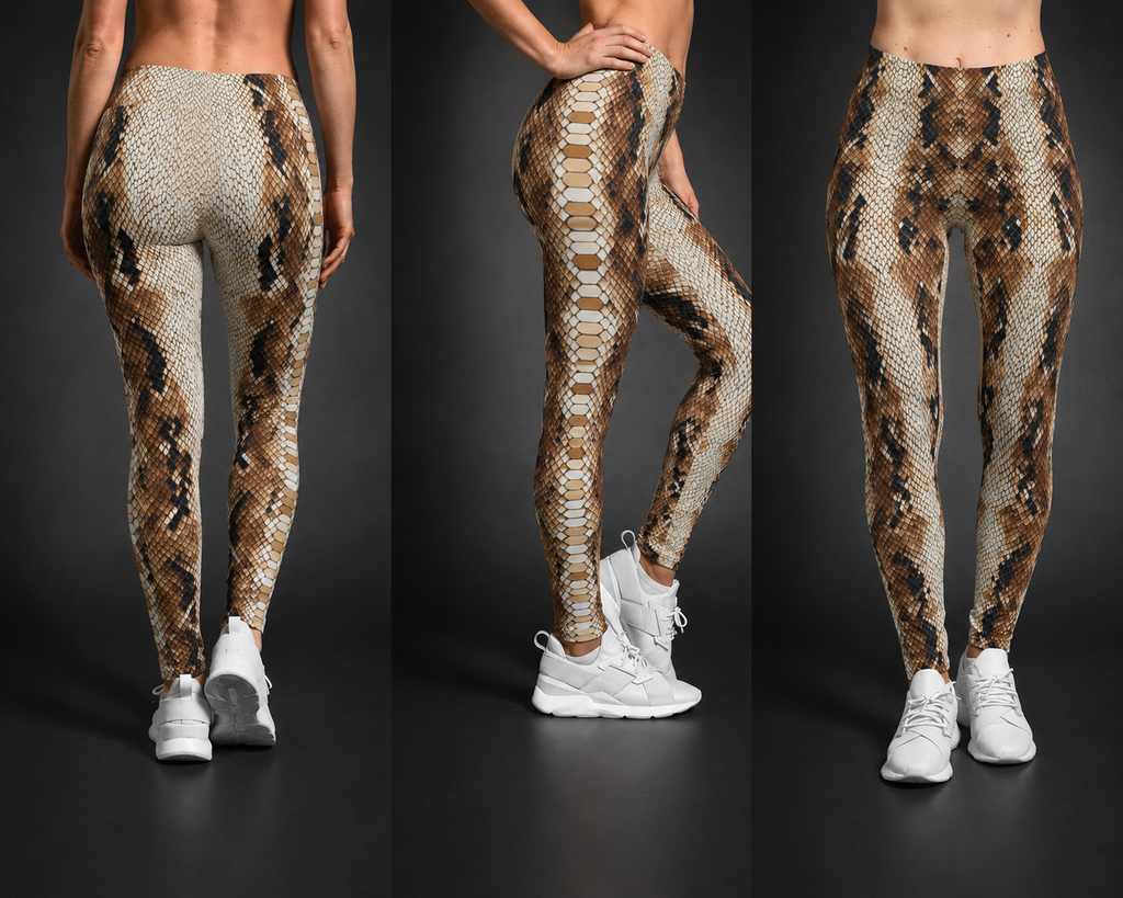 Brown Snake Print Leggings —Casual AOP Snake-Skin Leggings