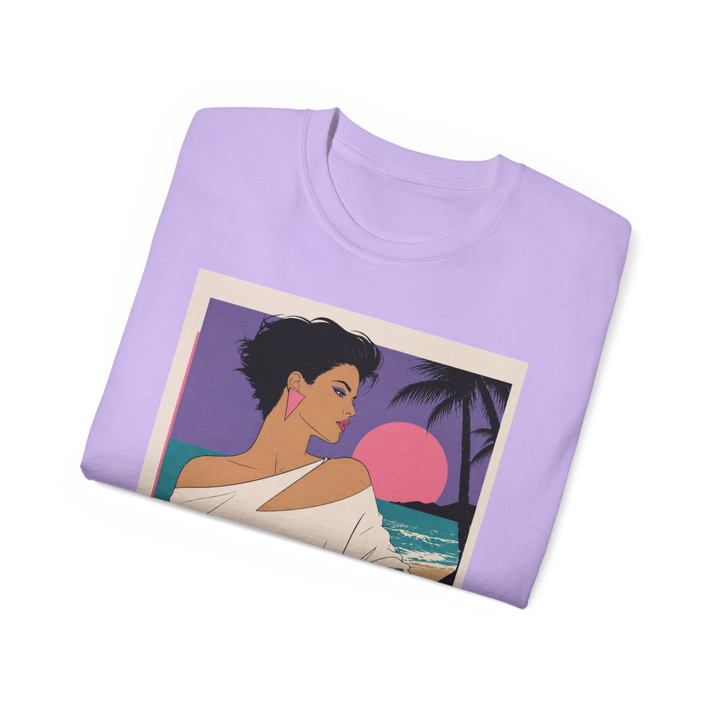 Retro Sunset Beach Tee — 80s Miami Woman Graphic T-Shirt