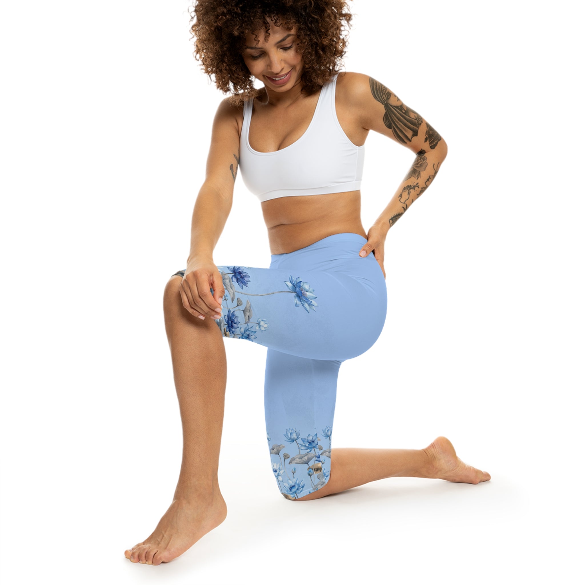 Blue Lotus Capri Leggings — Floral Yoga & Activewear for Women