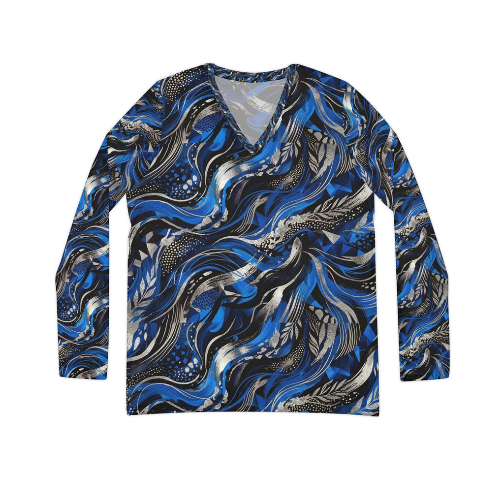 Womens V-Neck Long Sleeve Shirt — Blue Abstract Wave All-Over Print