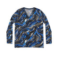 Womens V-Neck Long Sleeve Shirt — Blue Abstract Wave All-Over Print