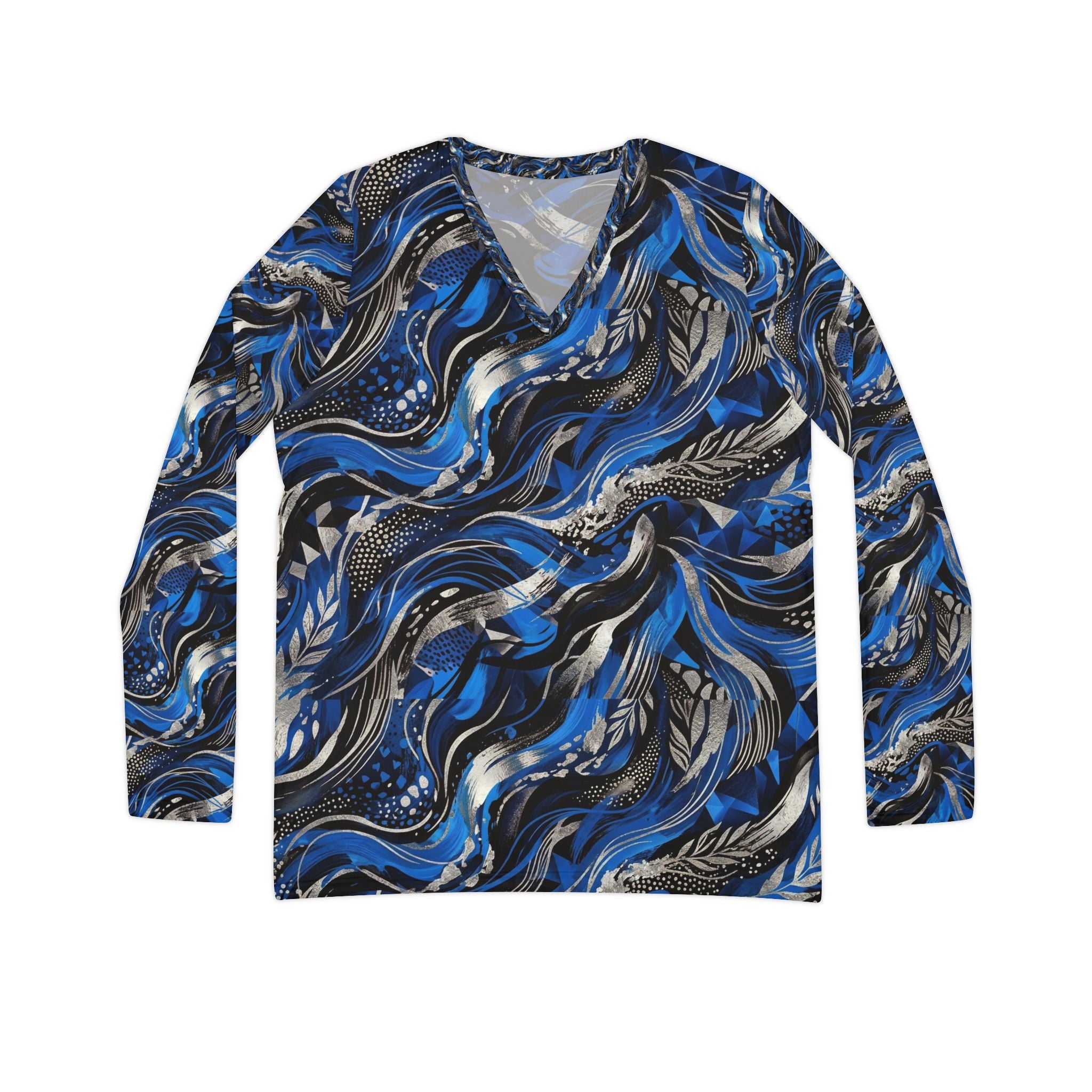 Womens V-Neck Long Sleeve Shirt — Blue Abstract Wave All-Over Print