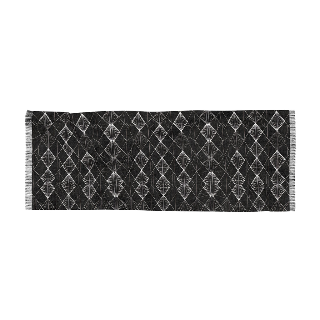 Geometric Diamond Light Scarf — Black Knit Fringe Wrap