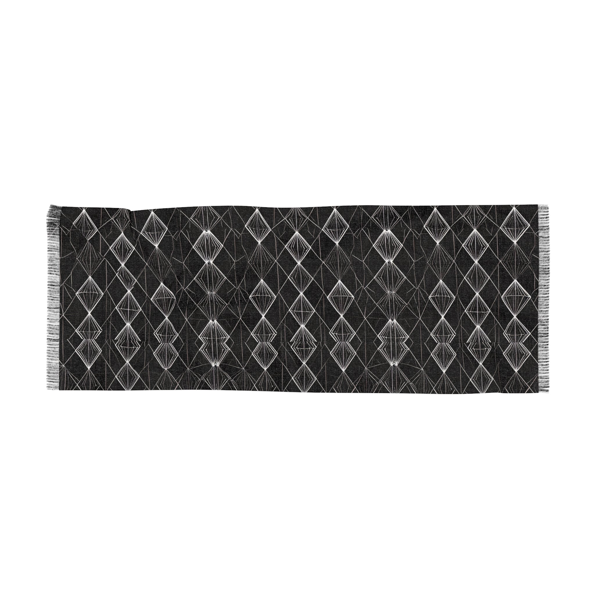 Geometric Diamond Light Scarf — Black Knit Fringe Wrap