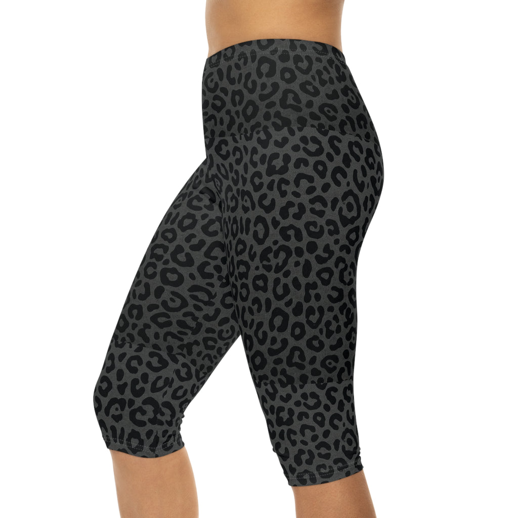 Leopard Print Capri Leggings — Women’s Black Grey Animal-Print Activewear - Raven Quest Apparel