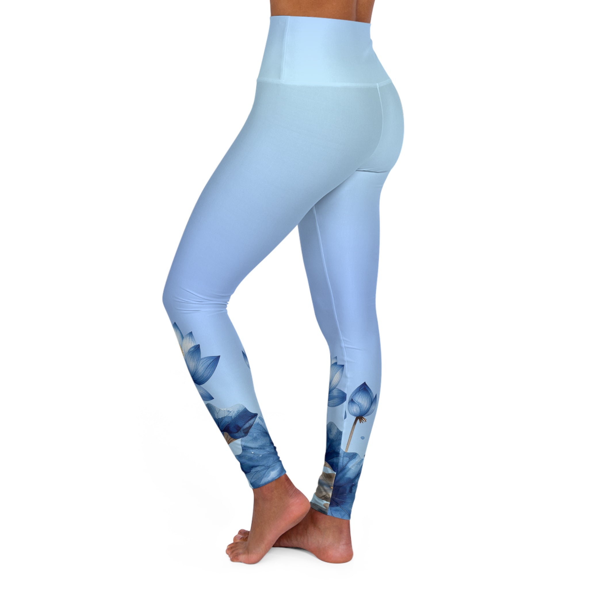 Yoga Leggings — Sky Blue Watercolor Lotus High-Waist Activewear