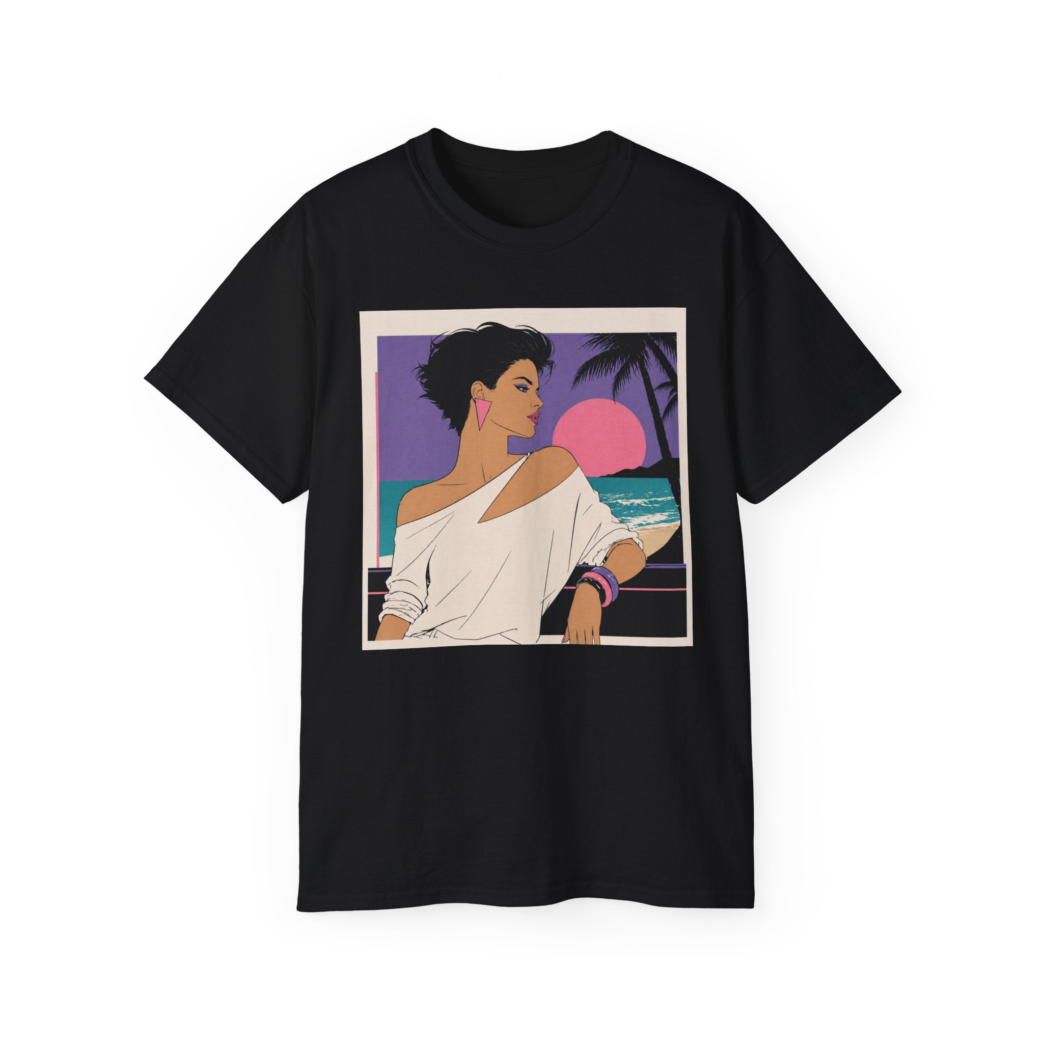 Retro Sunset Beach Tee — 80s Miami Woman Graphic T-Shirt