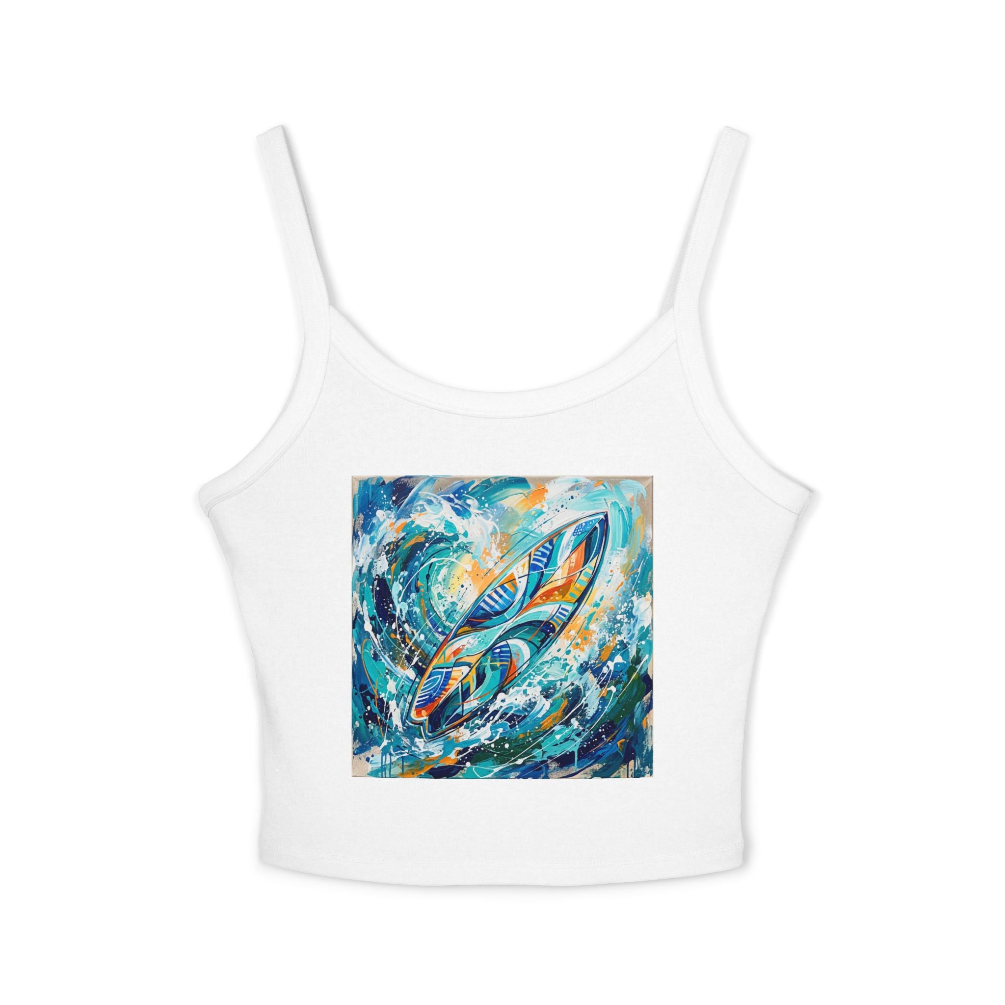 Surf Wave Abstract Tank Top -Vibrant Ocean Art Women's Spaghetti-Strap Crop | Raven Quest - Raven Quest Apparel