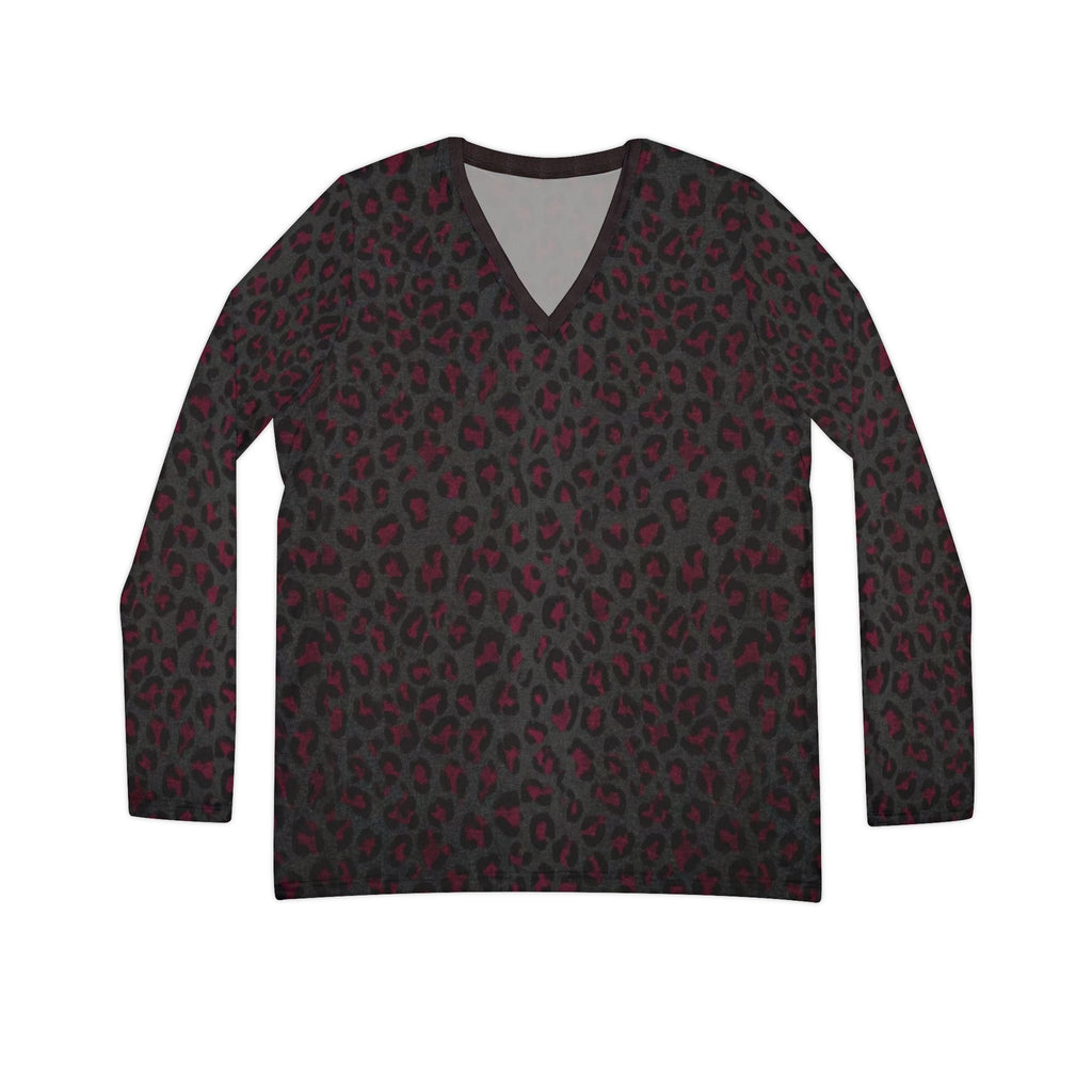 Women's V-Neck Long Sleeve Leopard Print Shirt — Burgundy Black All-Over Print - Raven Quest Apparel