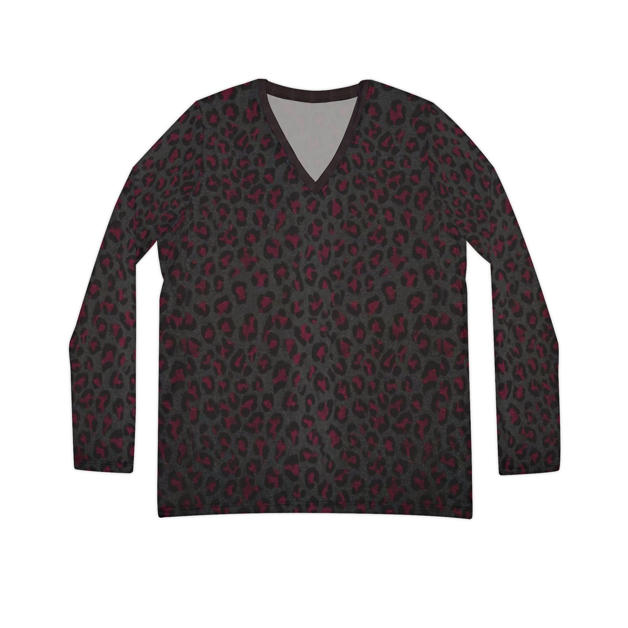 Women's V-Neck Long Sleeve Leopard Print Shirt — Burgundy Black All-Over Print - Raven Quest Apparel