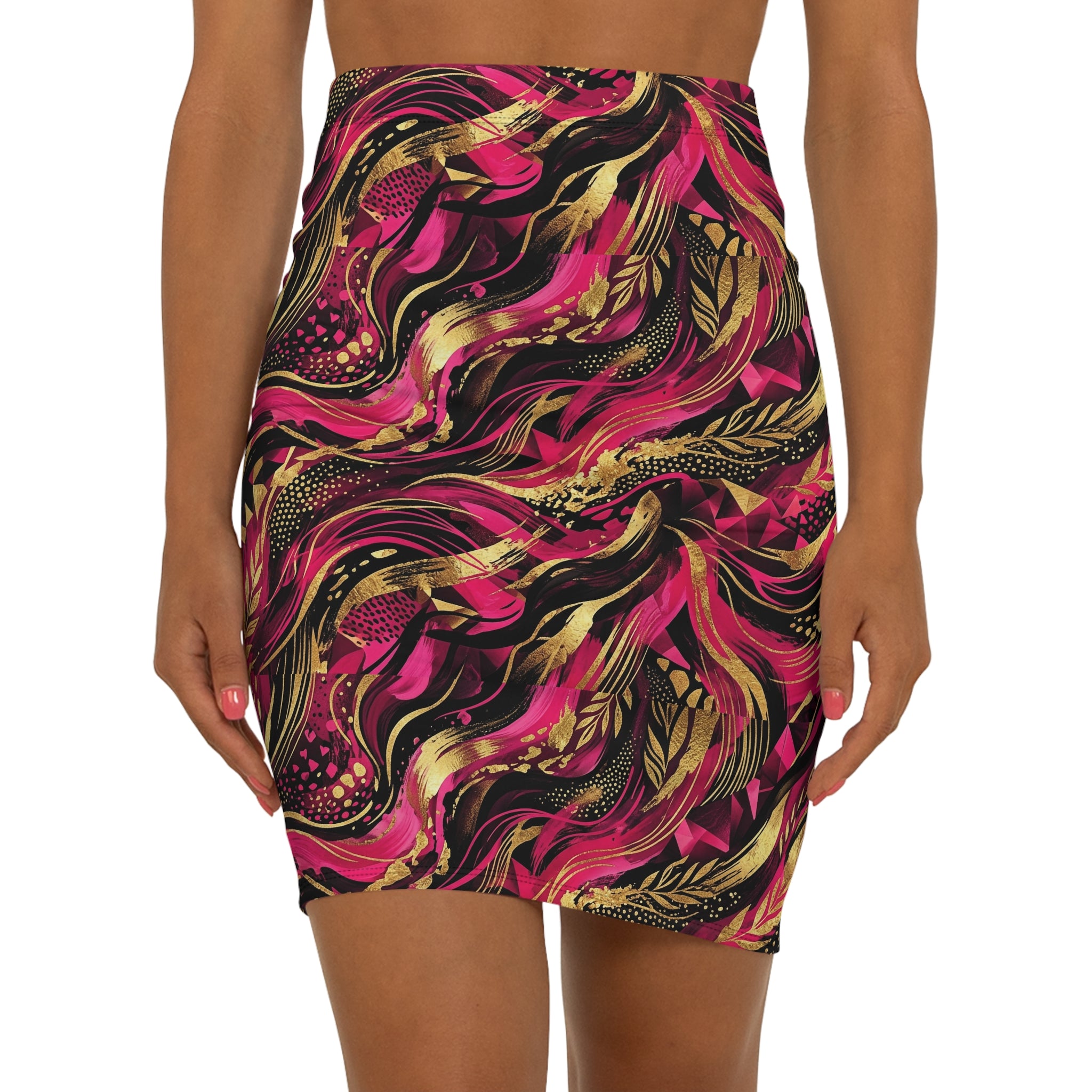 Abstract Pink & Gold Swirl Pencil Skirt — Vibrant Artistic | Raven Quest Apparel