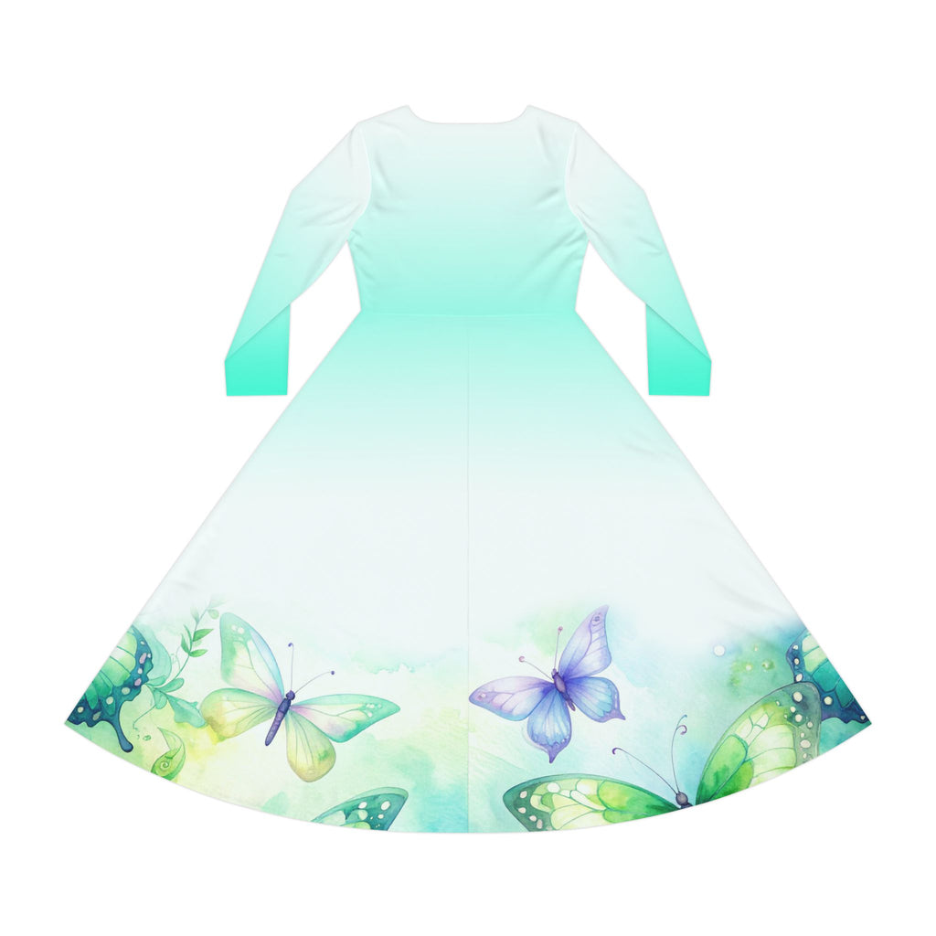 Butterfly Garden Long Sleeve Dance Dress — Pastel Aqua Gradient AOP - Raven Quest Apparel